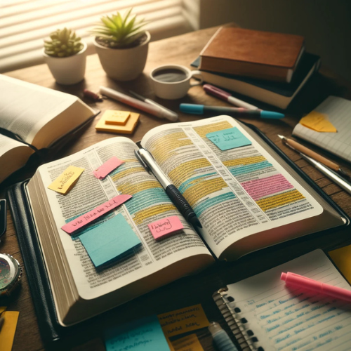 Uma Bíblia aberta com marcações de estudo ao lado de um caderno e caneta, representando um plano completo para estudar a Bíblia com organização e profundidade.