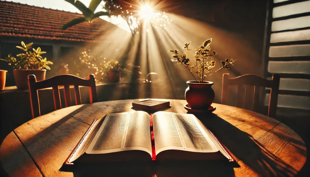 Música Jó: Adoração em Meio à Dor 2 Uma Bíblia aberta no livro de Jó, com a luz do sol iluminando suavemente as páginas.