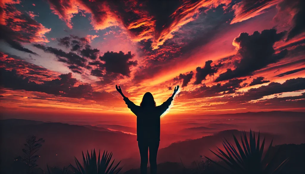 Música Jó: Adoração em Meio à Dor 5 Menina com as mãos levantadas em adoração, com o pôr do sol ao fundo.