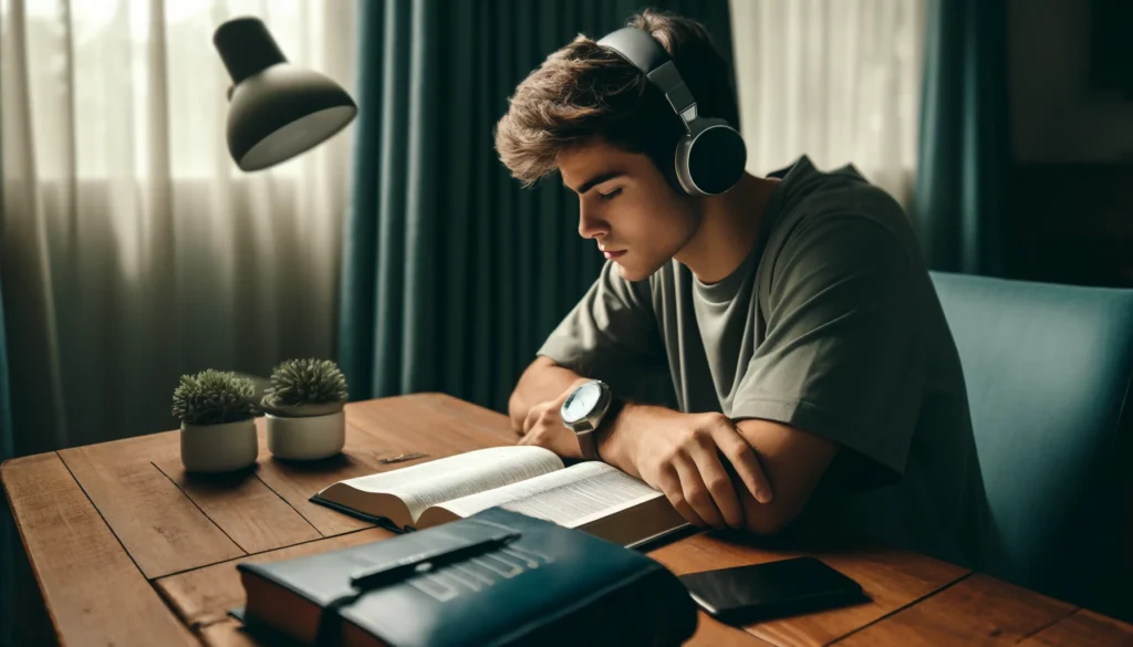 Música Jó: Adoração em Meio à Dor 3 Menino estudando a Bíblia com seu fone de ouvido escutando a Música Jó,ao lado de um caderno e uma caneta.