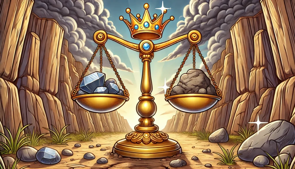 Êxodo 17: Milagre no Deserto 3 Uma balança dourada no meio do deserto, pesando pedras de um lado e brilhantes do outro, Simbolizando a balança de justiça de Deus em Êxodo 17, que recompensa a fidelidade e corrige a injustiça.