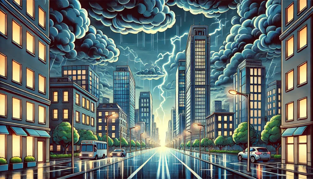 Êxodo 16: A Surpresa Diária de Deus no Deserto 3 Um céu nublado e escuro sobre uma cidade moderna, Simbolizando como os desafios, turbulências e incertezas da vida moderna se parecem com os desafios do povo de Israel em Êxodo 16— um tempo de crise, desespero, ansiedade e aflição, onde a dependência de Deus continua sendo a única saída.