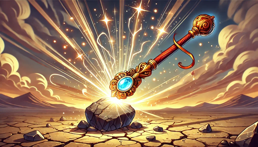 Êxodo 17: Milagre no Deserto 1 Um cajado tocando uma pedra, com faíscas de luz saindo no momento, Mostrando o poder de Deus liberado em êxodo 17, pela fé e obediência.
