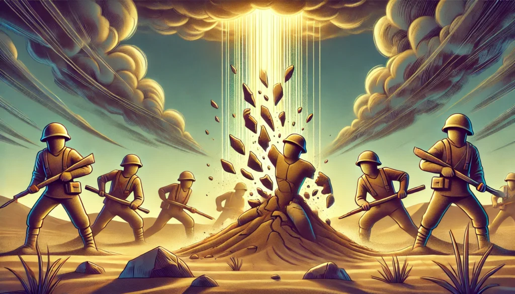 Êxodo 17: Milagre no Deserto 2 Soldados feitos de areia se desfazendo enquanto uma luz desce do céu, Representando a Luta contra Amalaque de Êxodo 17